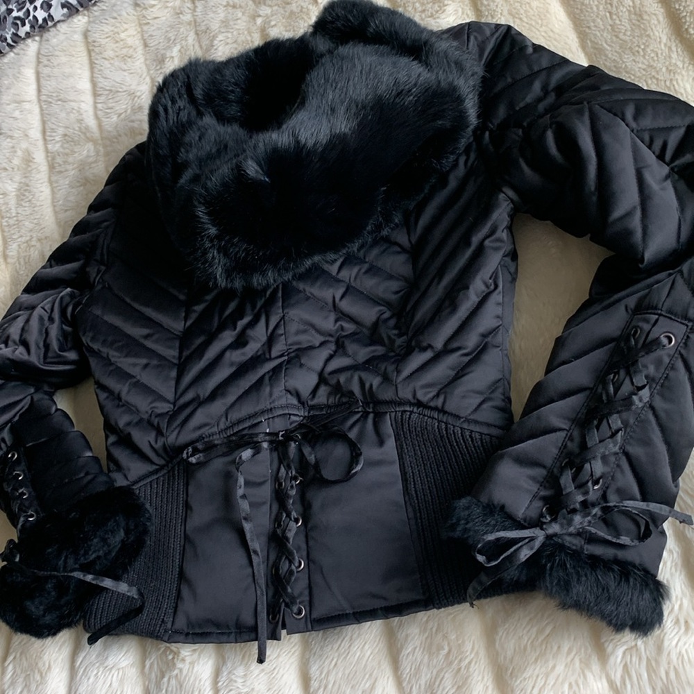 Bebe RARE Y2K Lace Up corset HOODED DOWN Fill Genuine Rabbit FUR jacket M🇨🇦 - Picture 1 of 15